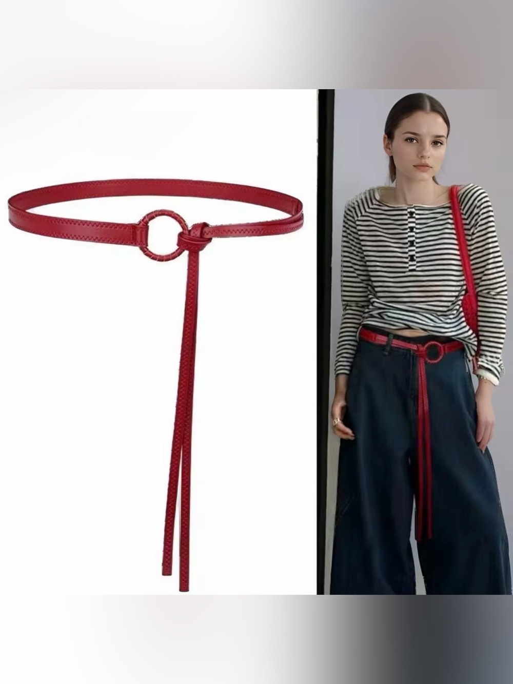 Red Leather Thin Ring Tie Belt - Women's Accessory